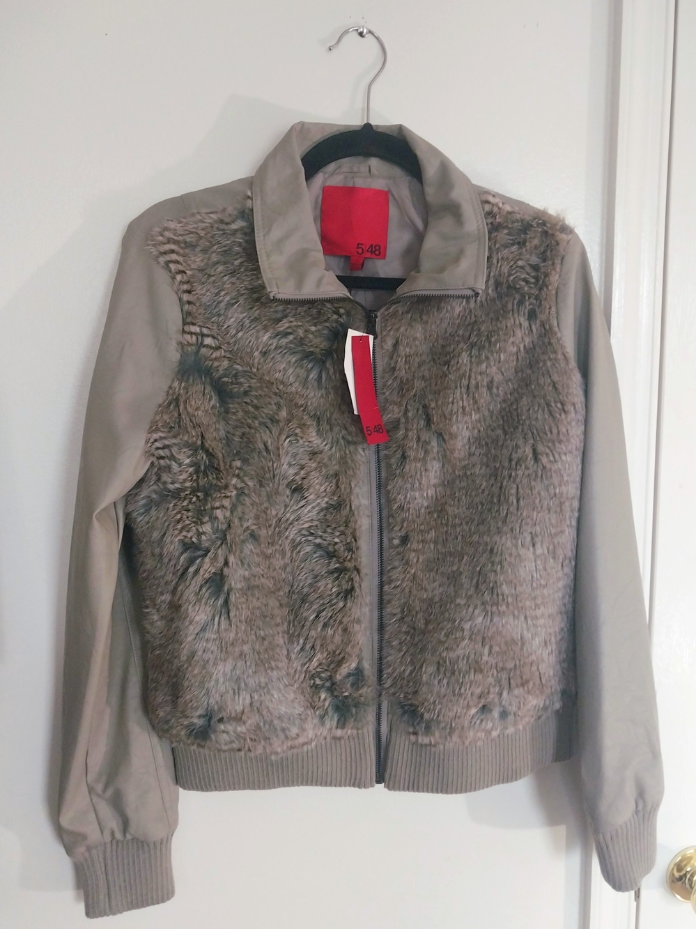 5/48 By Saks Fifth Avenue Faux Fur Front Bomber Jacket Boho - Dark Khaki Size L